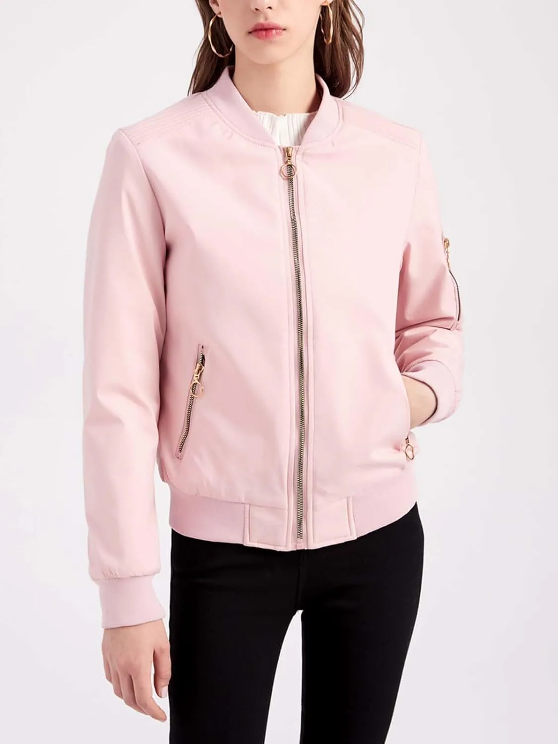 Women's Bomber Jacket Lightweight Varsity Zip Up Coat Casual Long Sleeve Windbreaker