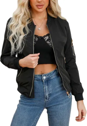 Women's Bomber Jacket Lightweight Varsity Zip Up Coat Casual Long Sleeve Windbreaker