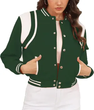 Womens Bomber Varsity Jacket Casual Long Sleeve Letterman Shacket Button Down Cropped Baseball Outerwear