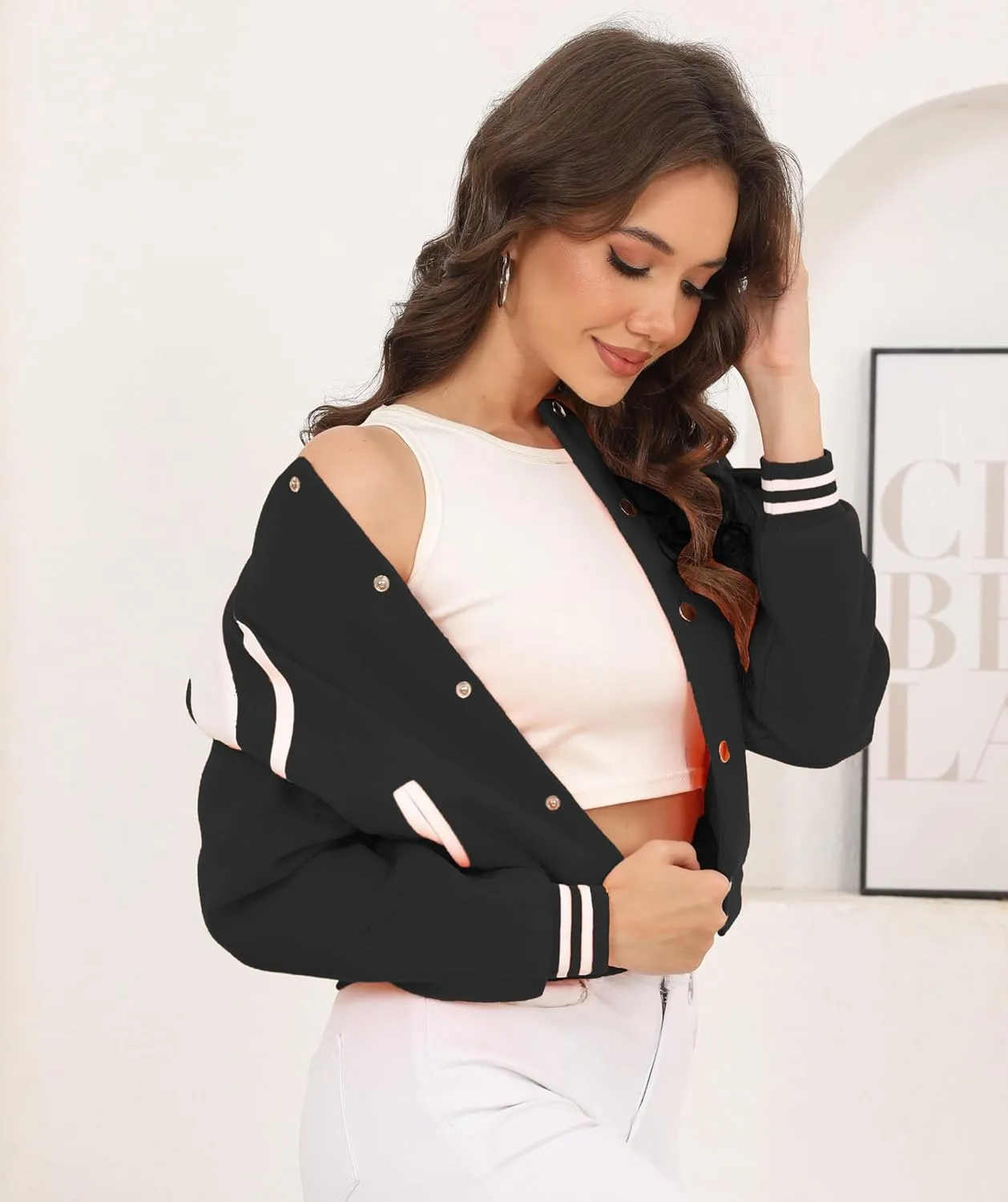 Womens Bomber Varsity Jacket Casual Long Sleeve Letterman Shacket Button Down Cropped Baseball Outerwear