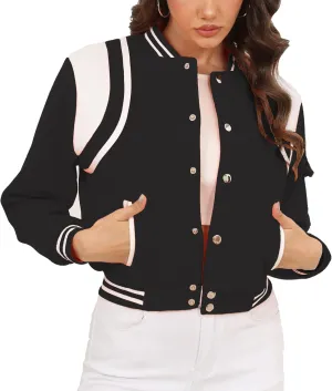 Womens Bomber Varsity Jacket Casual Long Sleeve Letterman Shacket Button Down Cropped Baseball Outerwear