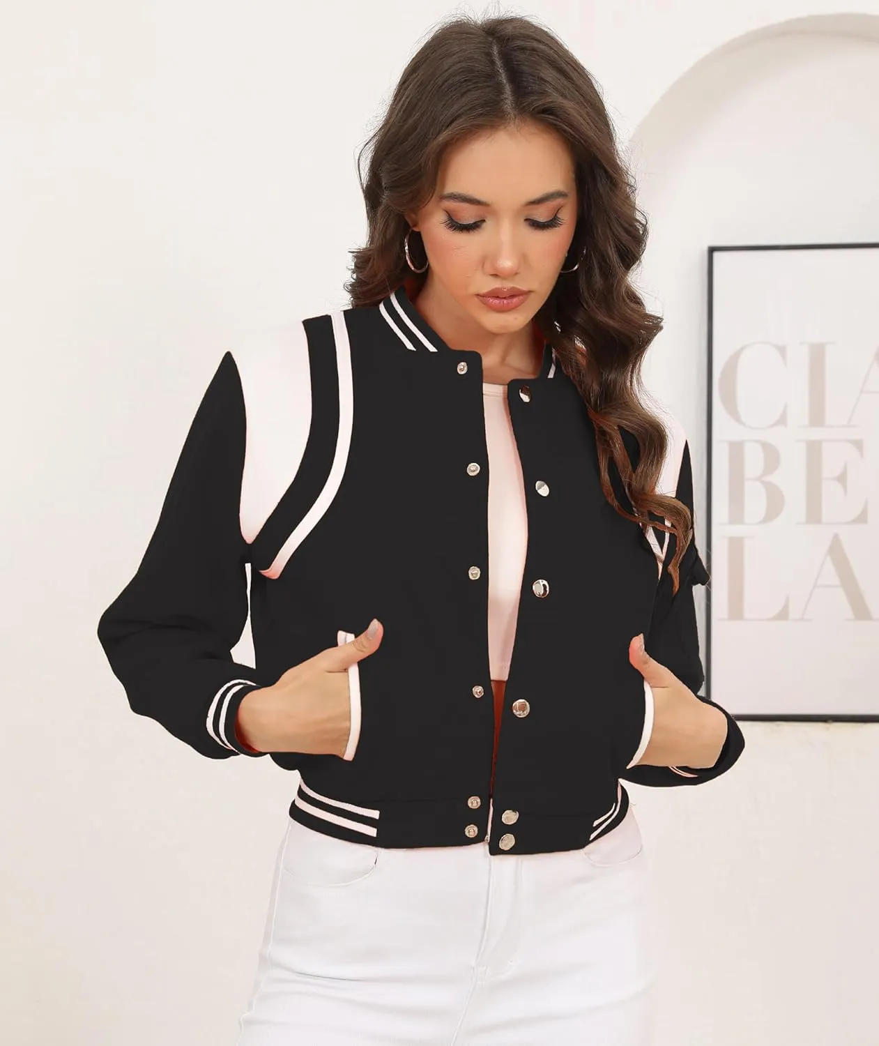 Womens Bomber Varsity Jacket Casual Long Sleeve Letterman Shacket Button Down Cropped Baseball Outerwear