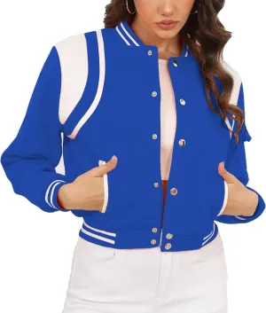 Womens Bomber Varsity Jacket Casual Long Sleeve Letterman Shacket Button Down Cropped Baseball Outerwear