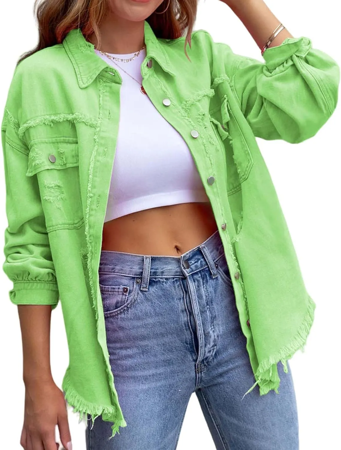 Women's Button Down Oversized Denim Jackets Ripped Frayed Shacket Jean Coat Distressed Shirts with Pockets
