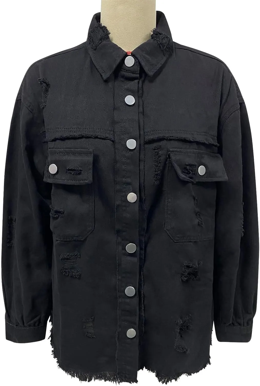 Women's Button Down Oversized Denim Jackets Ripped Frayed Shacket Jean Coat Distressed Shirts with Pockets