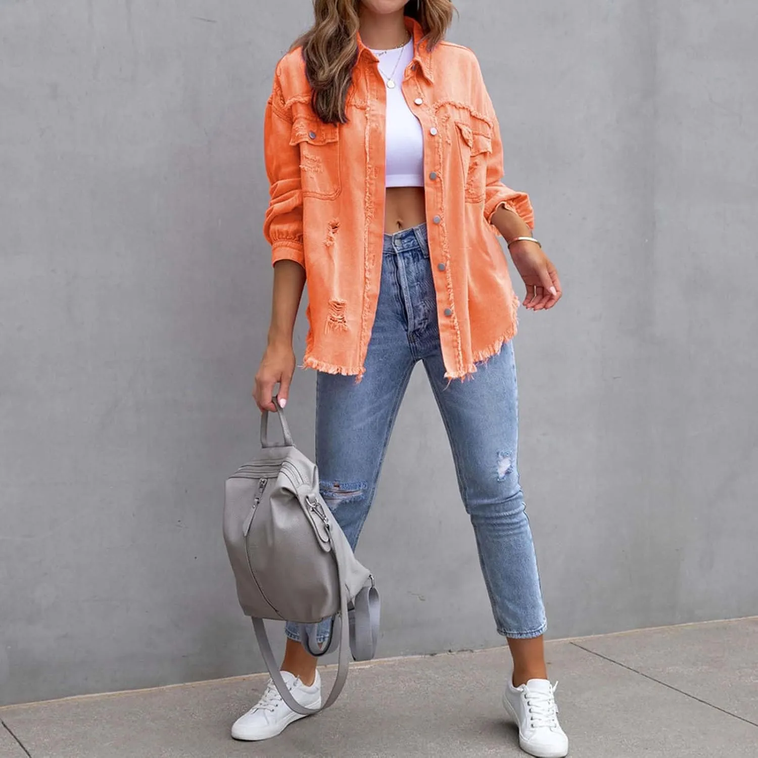 Women's Button Down Oversized Denim Jackets Ripped Frayed Shacket Jean Coat Distressed Shirts with Pockets