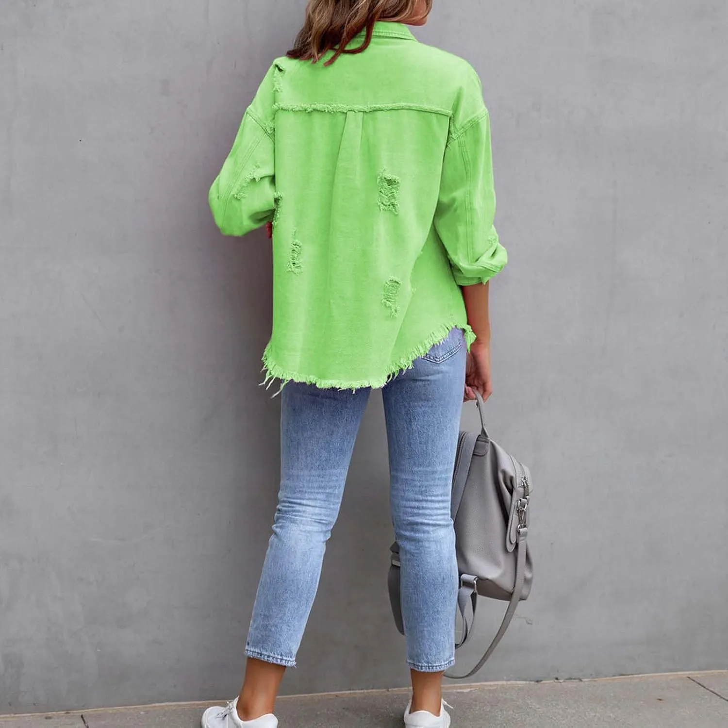 Women's Button Down Oversized Denim Jackets Ripped Frayed Shacket Jean Coat Distressed Shirts with Pockets