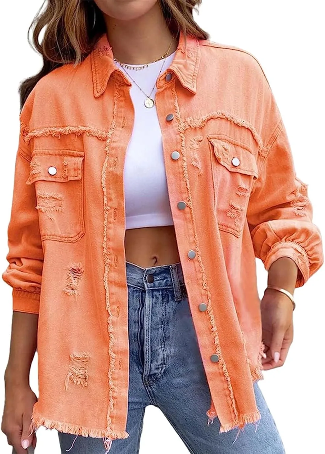 Women's Button Down Oversized Denim Jackets Ripped Frayed Shacket Jean Coat Distressed Shirts with Pockets