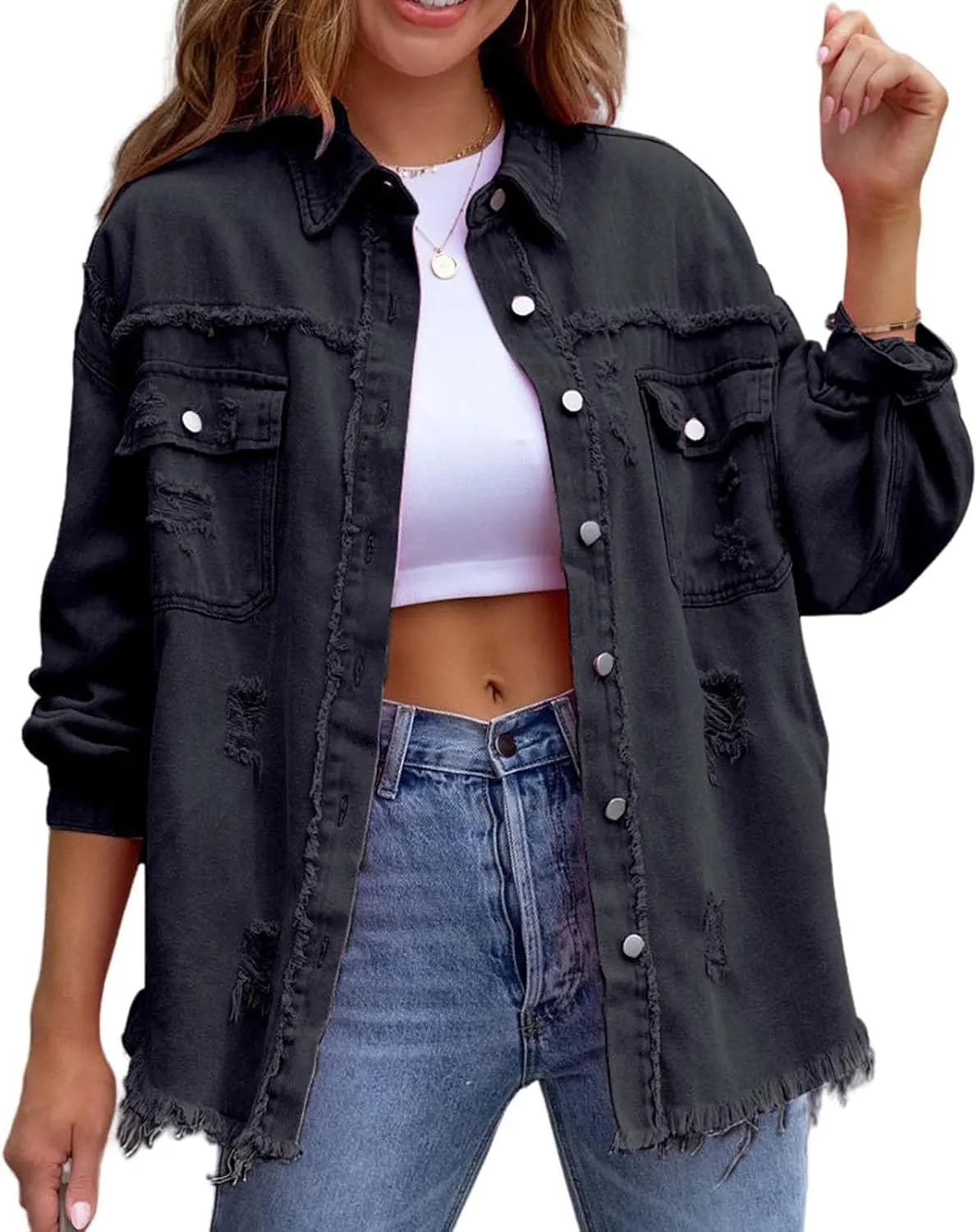 Women's Button Down Oversized Denim Jackets Ripped Frayed Shacket Jean Coat Distressed Shirts with Pockets
