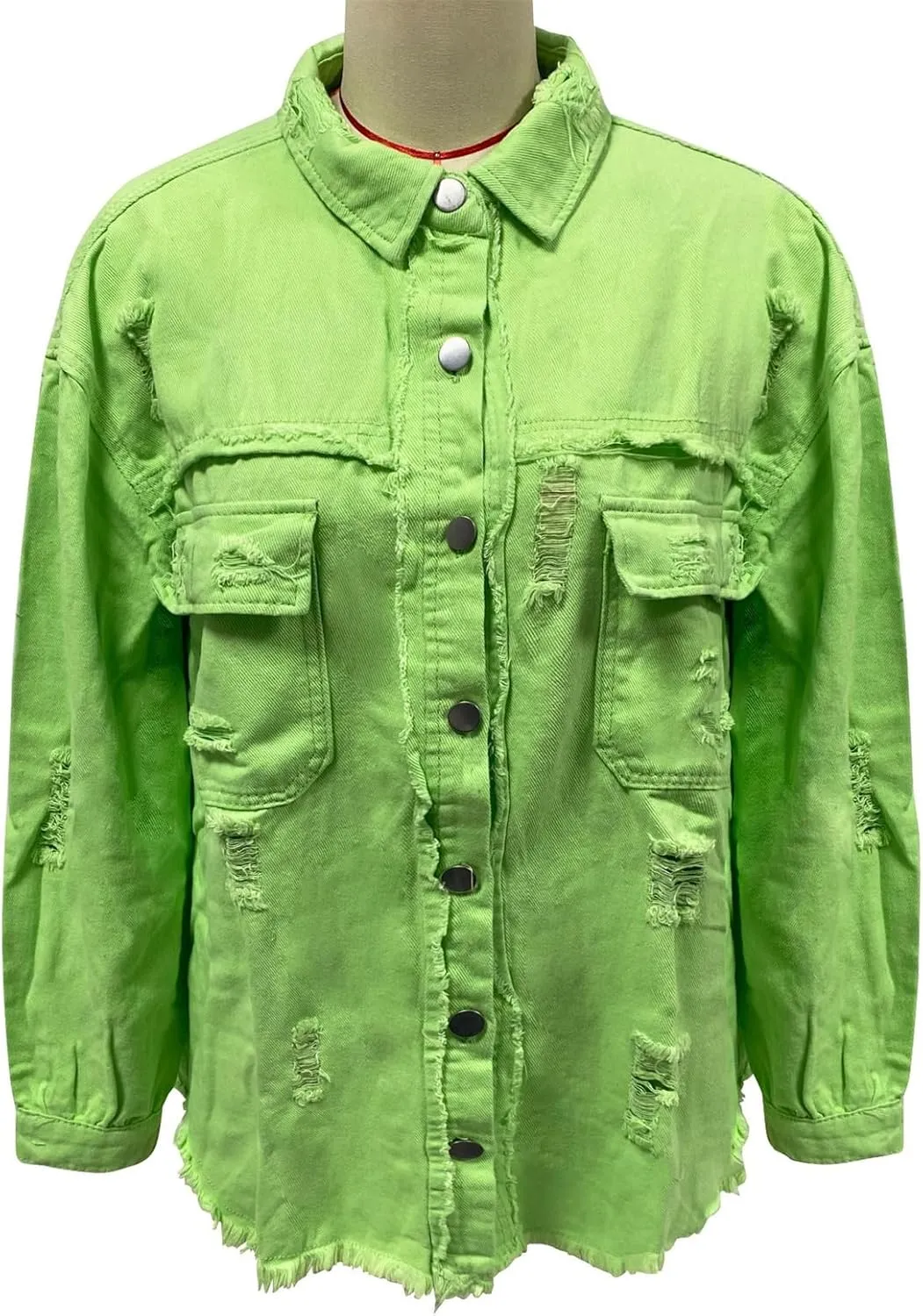 Women's Button Down Oversized Denim Jackets Ripped Frayed Shacket Jean Coat Distressed Shirts with Pockets
