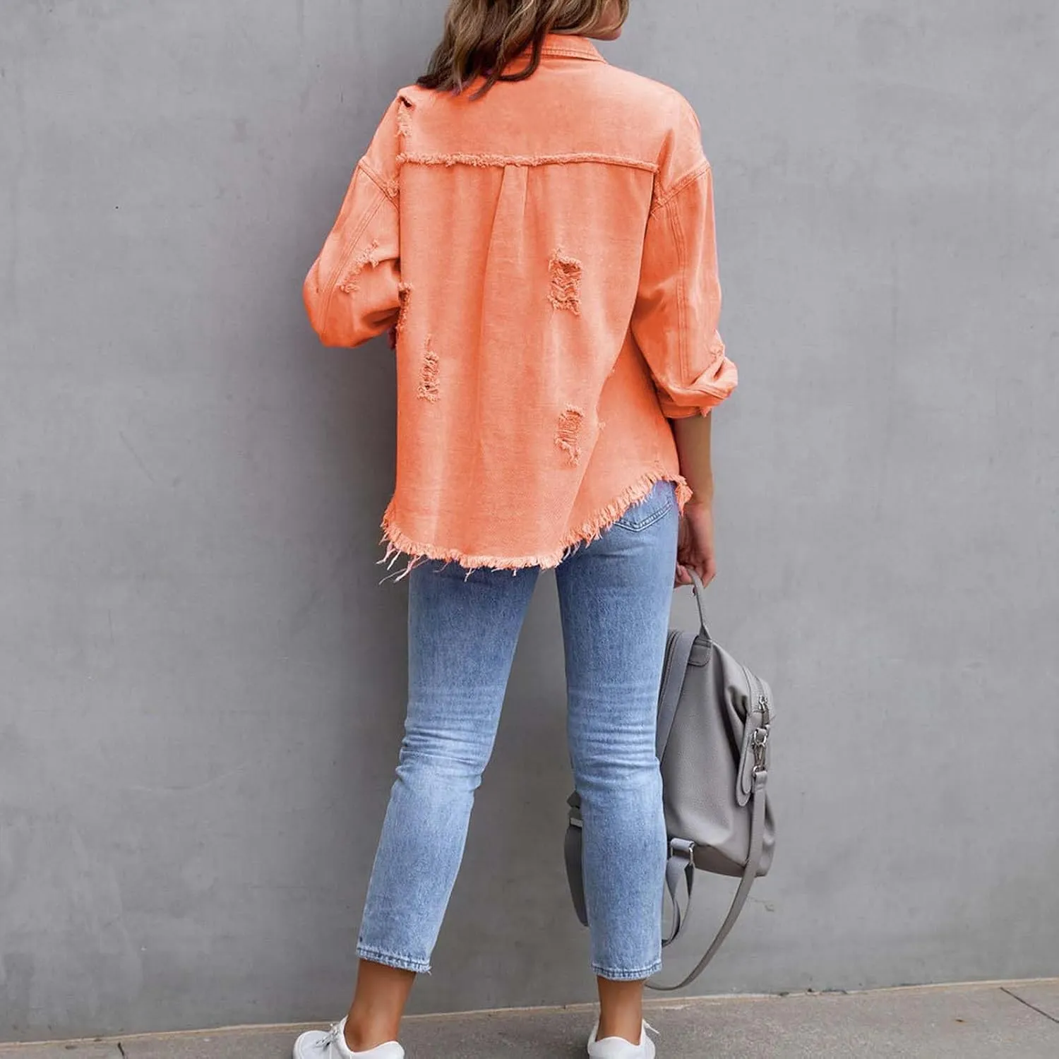 Women's Button Down Oversized Denim Jackets Ripped Frayed Shacket Jean Coat Distressed Shirts with Pockets
