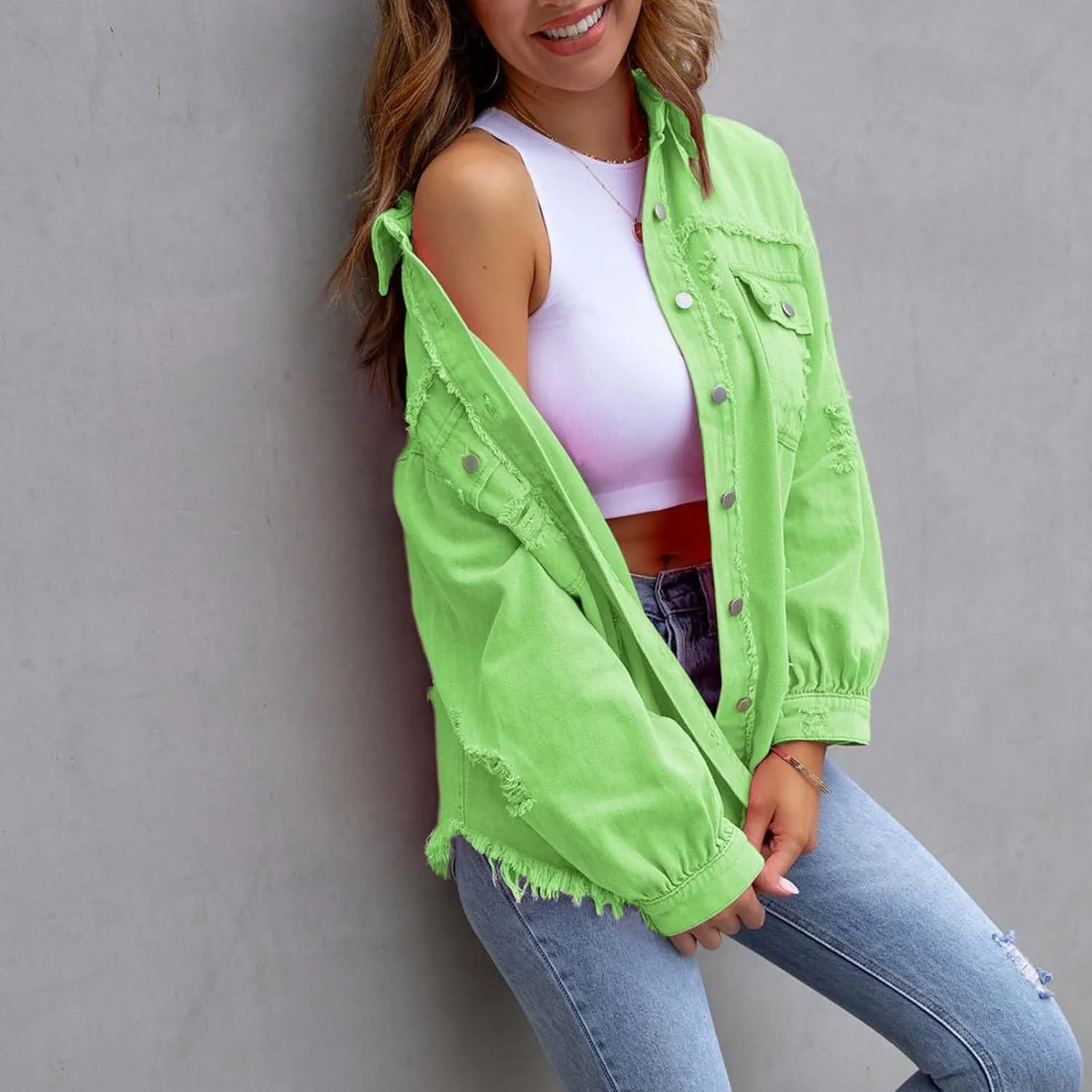 Women's Button Down Oversized Denim Jackets Ripped Frayed Shacket Jean Coat Distressed Shirts with Pockets