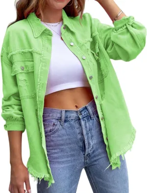 Women's Button Down Oversized Denim Jackets Ripped Frayed Shacket Jean Coat Distressed Shirts with Pockets