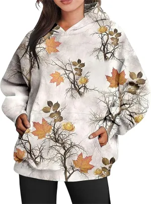 Women's Camo Hoodie Maple-Leaf Print Oversized Sweaters Fleece Casual Long Sleeve Pullover Sweatshirts with Pockets