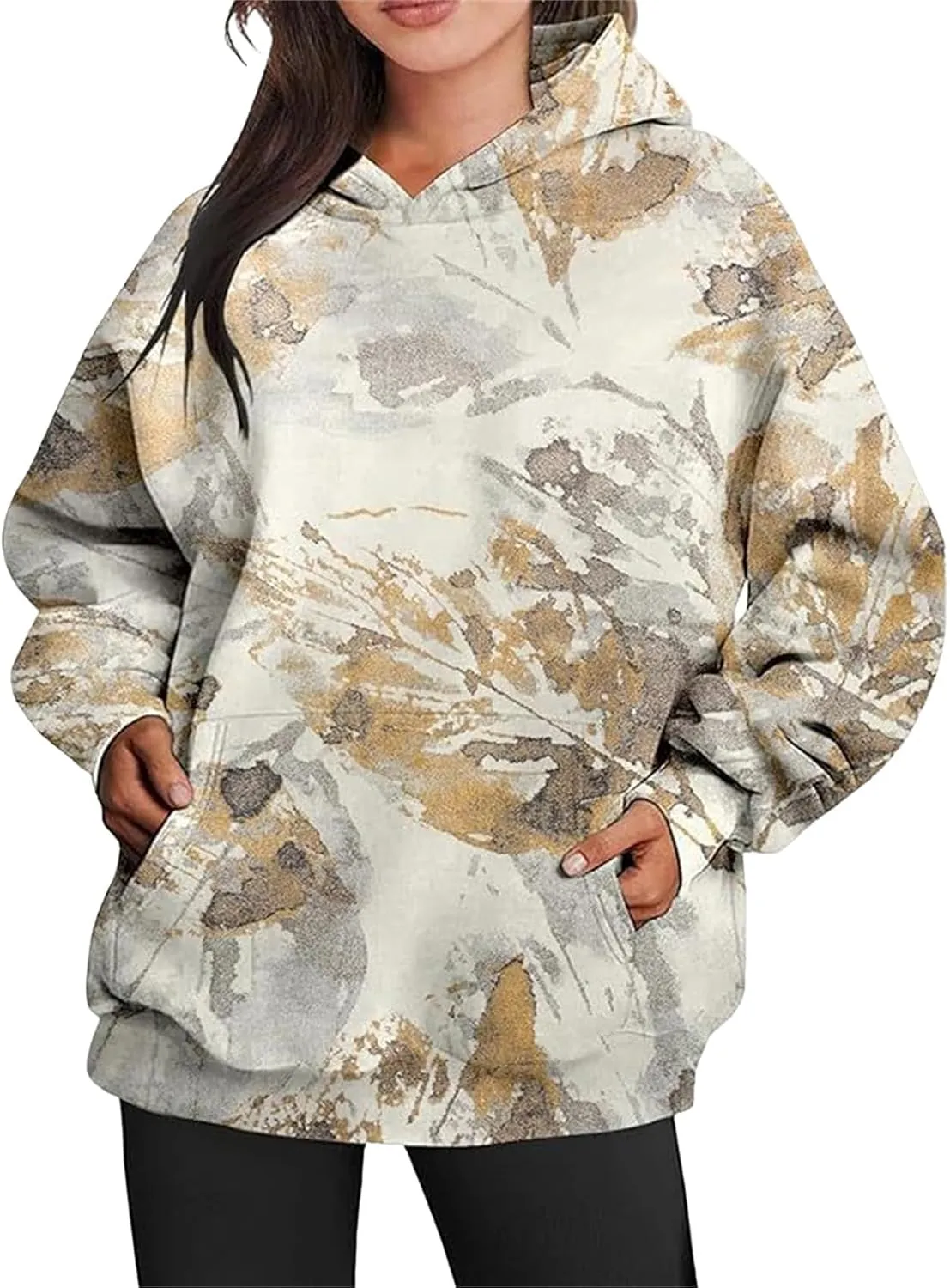 Women's Camo Hoodie Maple-Leaf Print Oversized Sweaters Fleece Casual Long Sleeve Pullover Sweatshirts with Pockets