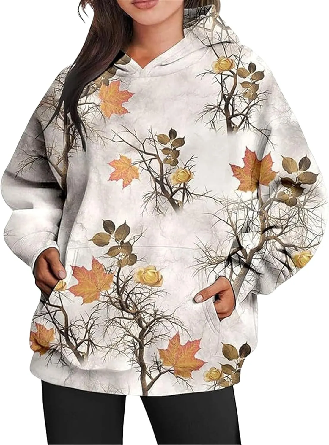 Women's Camo Hoodie Maple-Leaf Print Oversized Sweaters Fleece Casual Long Sleeve Pullover Sweatshirts with Pockets