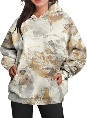 Women's Camo Hoodie Maple-Leaf Print Oversized Sweaters Fleece Casual Long Sleeve Pullover Sweatshirts with Pockets