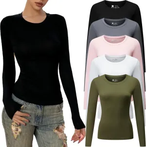 Women's Casual Basic Crop Tops Y2K Slim Fit Long Sleeve Crew Neck Tight Fall T Shirts 5packs 2024