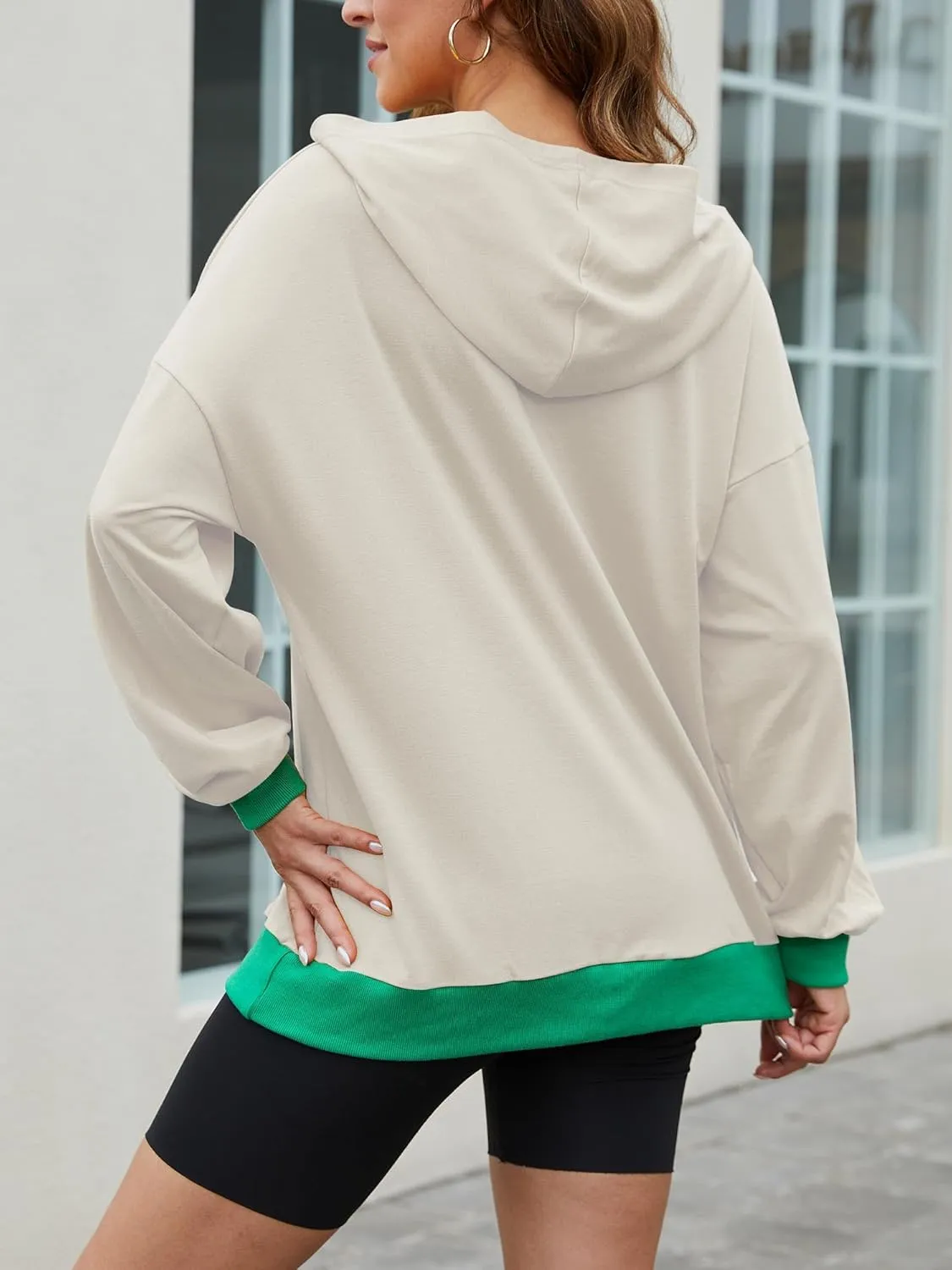 Womens Casual Crewneck Color Block Oversized Sweatshirt Hoodies Long Sleeve Pullover Tunic Tops Outfits Hooded