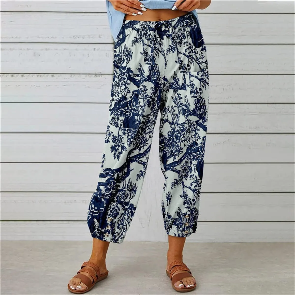 Womens Casual High Waist Boho Cotton Linen Pants Summer Floral Harem Pants Long Trousers with Pockets