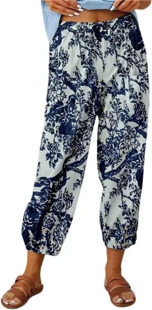 Womens Casual High Waist Boho Cotton Linen Pants Summer Floral Harem Pants Long Trousers with Pockets