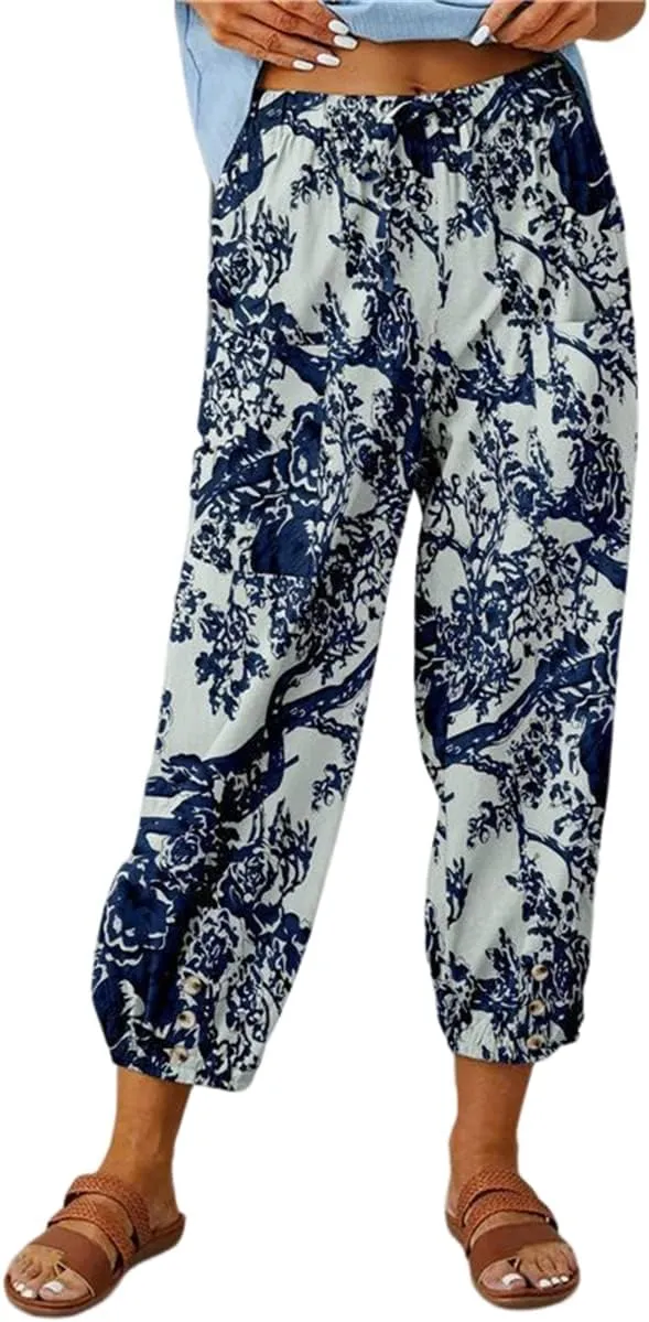 Womens Casual High Waist Boho Cotton Linen Pants Summer Floral Harem Pants Long Trousers with Pockets