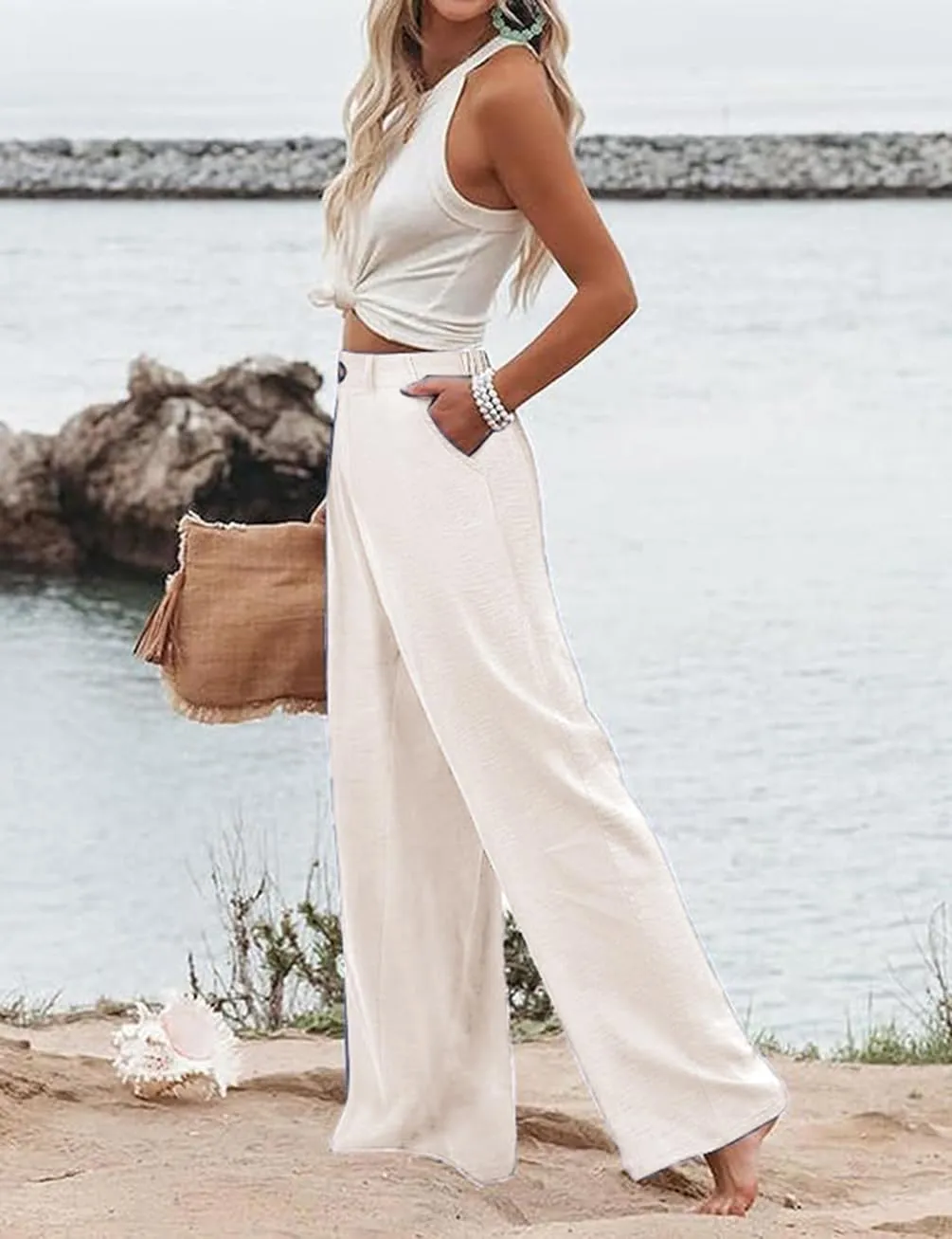 Womens Casual Loose Fit Palazzo Pants Elastic High Waist Lounge Long Pajama Wide Leg Trousers with Pocket