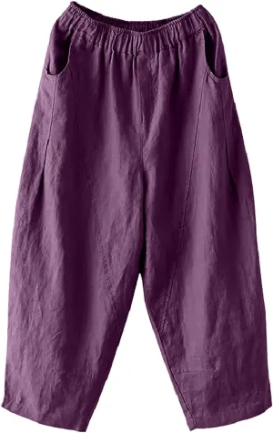 Women's Casual Pants Elastic Waist Harem Pants Straight Leg Bootcut Trousres with Pockets Solid Color Patchwork Pant