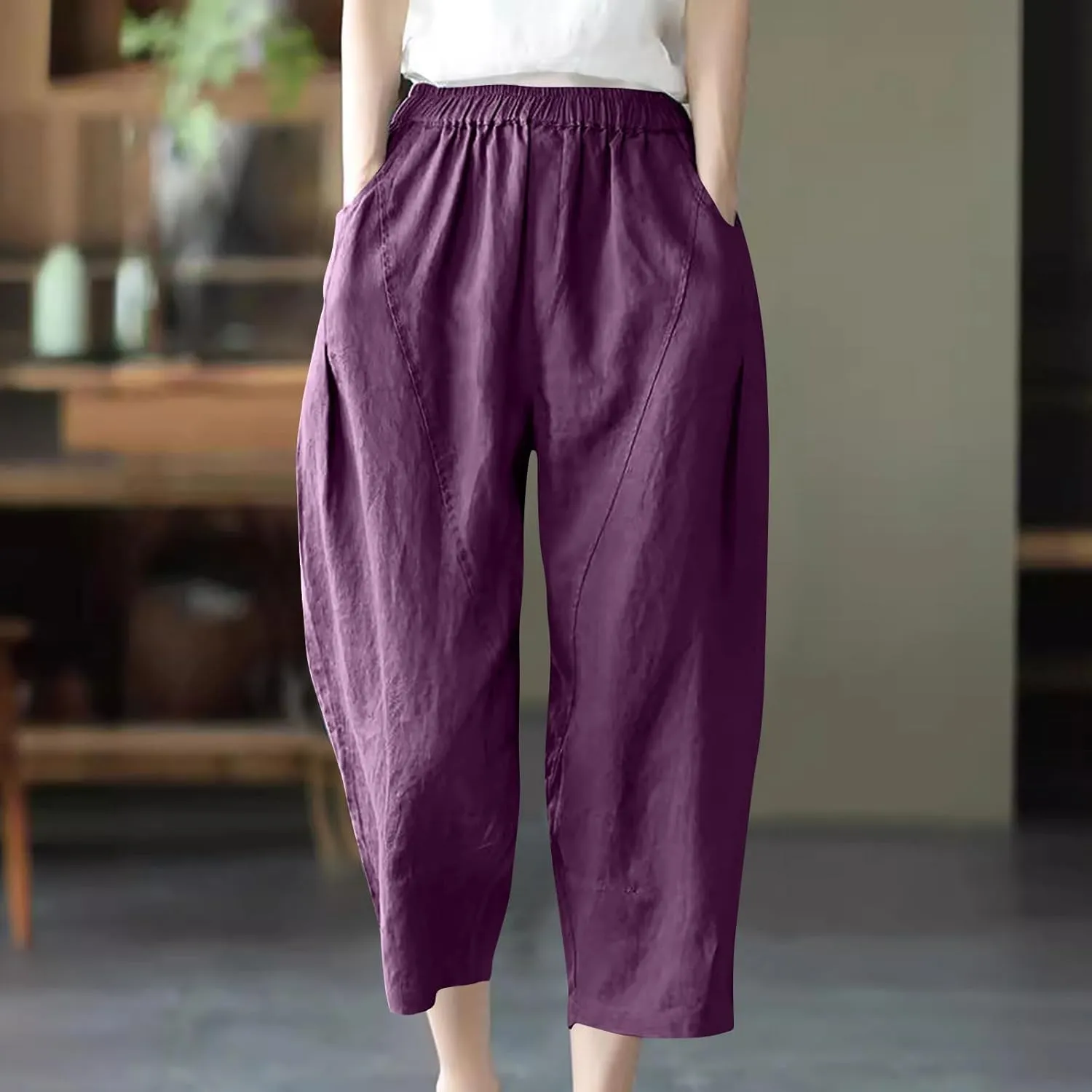 Women's Casual Pants Elastic Waist Harem Pants Straight Leg Bootcut Trousres with Pockets Solid Color Patchwork Pant