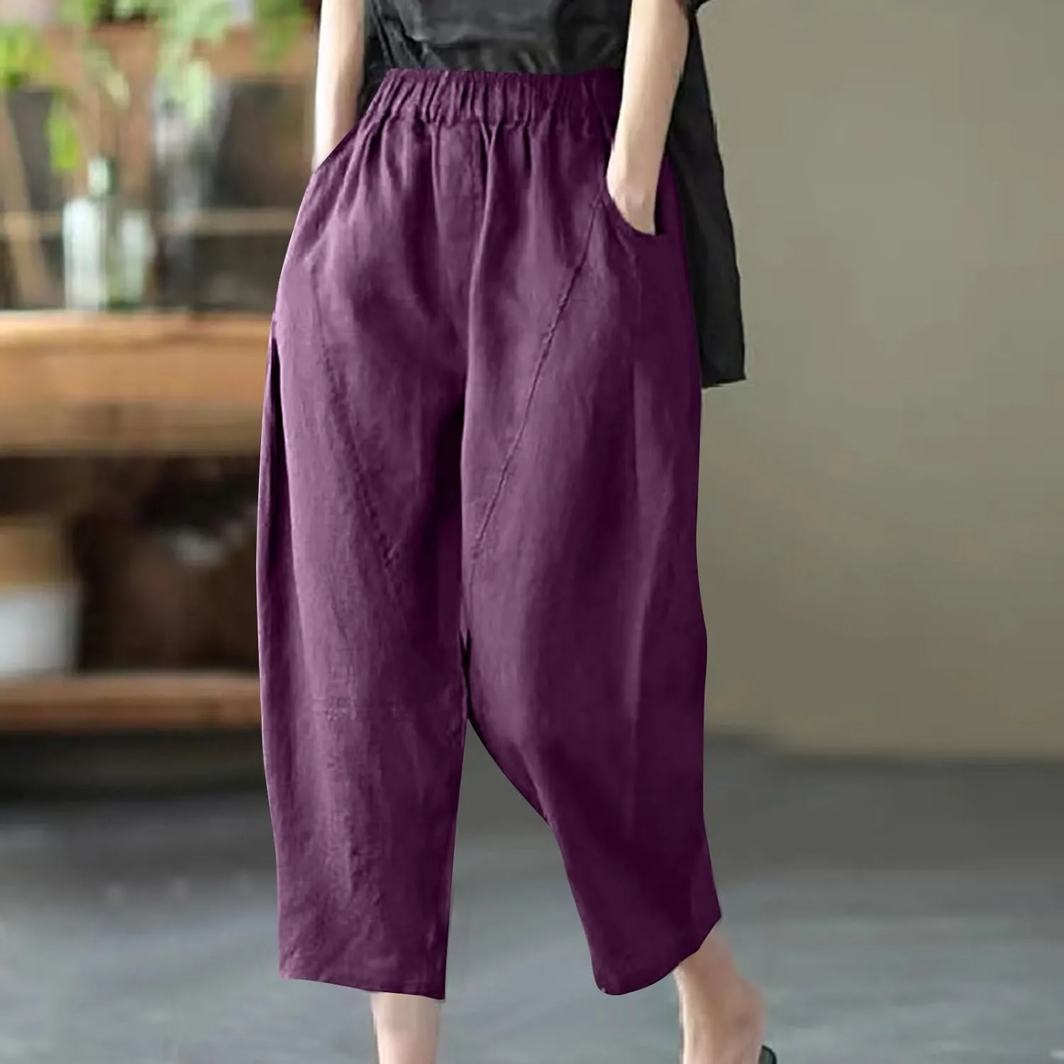 Women's Casual Pants Elastic Waist Harem Pants Straight Leg Bootcut Trousres with Pockets Solid Color Patchwork Pant