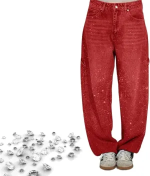 Women's Casual Rhinestone Loose Harem Jeans, High Waisted Straight Wide Leg Pants, Sparkly Rhinestone Denim Pants for Women