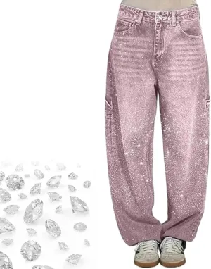 Women's Casual Rhinestone Loose Harem Jeans, Sparkly Rhinestone Denim Pants for Women, High Waisted Straight Wide Leg Pant(Pink,M)