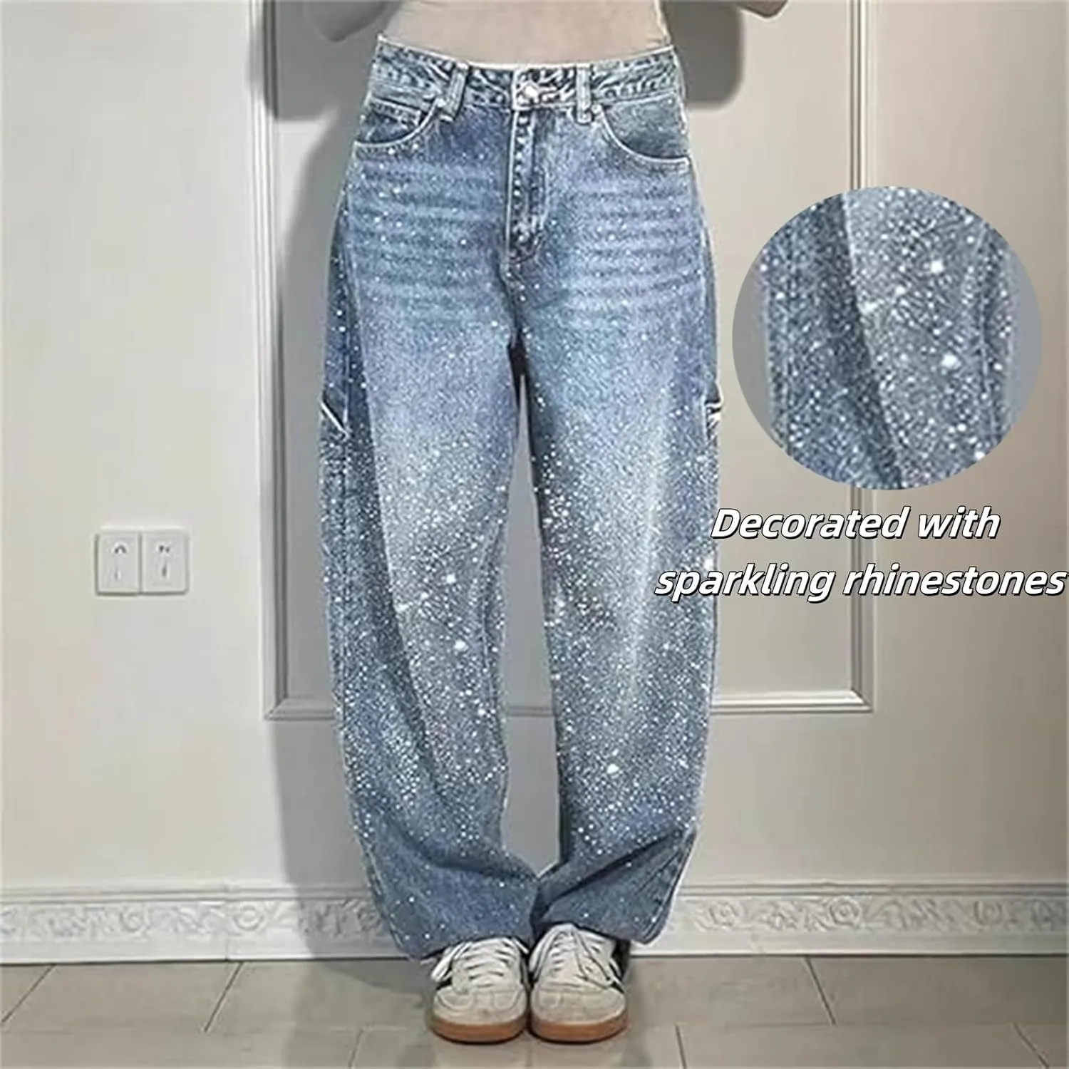 Women's Casual Rhinestone Loose Harem Jeans, Sparkly Rhinestone Denim Pants for Women, High Waisted Straight Wide Leg Pant(Pink,M)