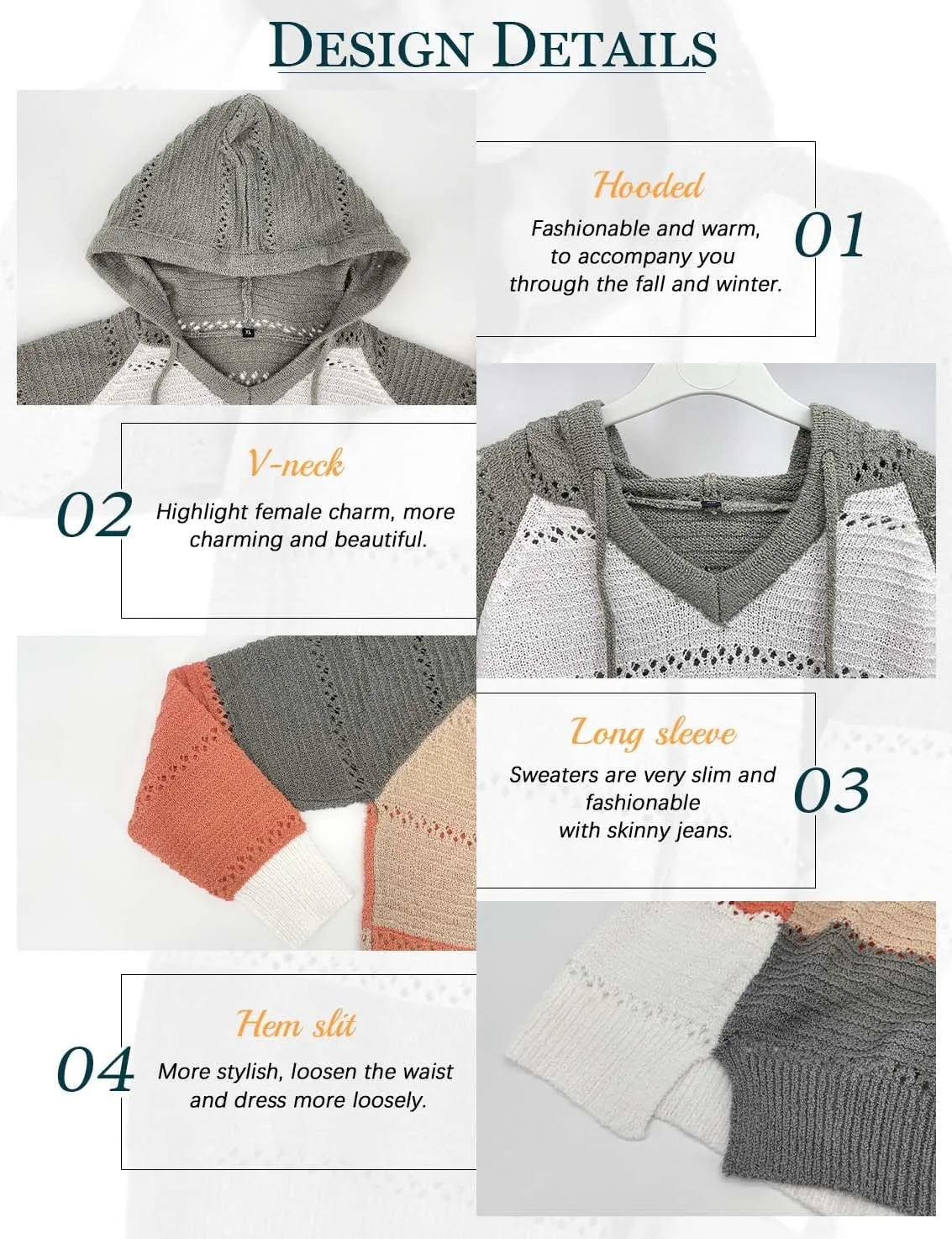 Women's Color Block Knit Hoodies Sweaters V Neck Drawstring Lightweight Pullover Sweatshirts & Zip up
