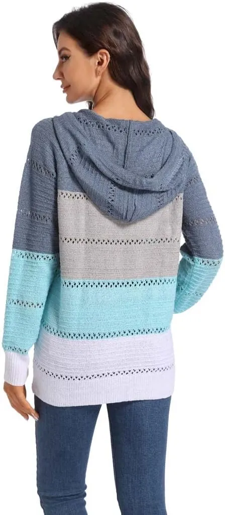 Women's Color Block Knit Hoodies Sweaters V Neck Drawstring Lightweight Pullover Sweatshirts & Zip up