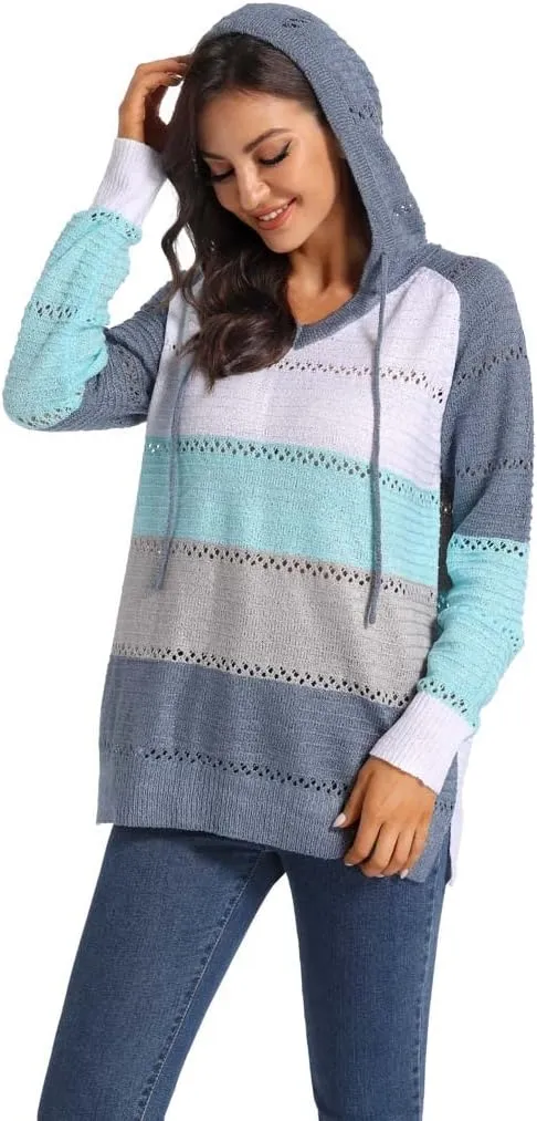 Women's Color Block Knit Hoodies Sweaters V Neck Drawstring Lightweight Pullover Sweatshirts & Zip up