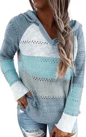 Women's Color Block Knit Hoodies Sweaters V Neck Drawstring Lightweight Pullover Sweatshirts & Zip up