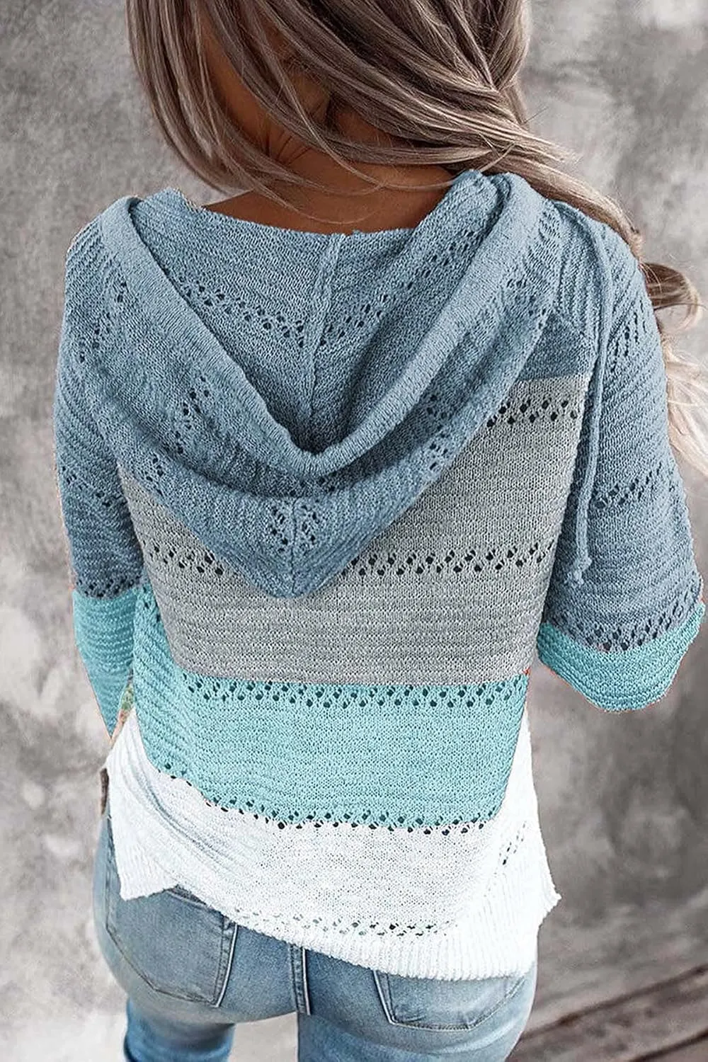 Women's Color Block Knit Hoodies Sweaters V Neck Drawstring Lightweight Pullover Sweatshirts & Zip up