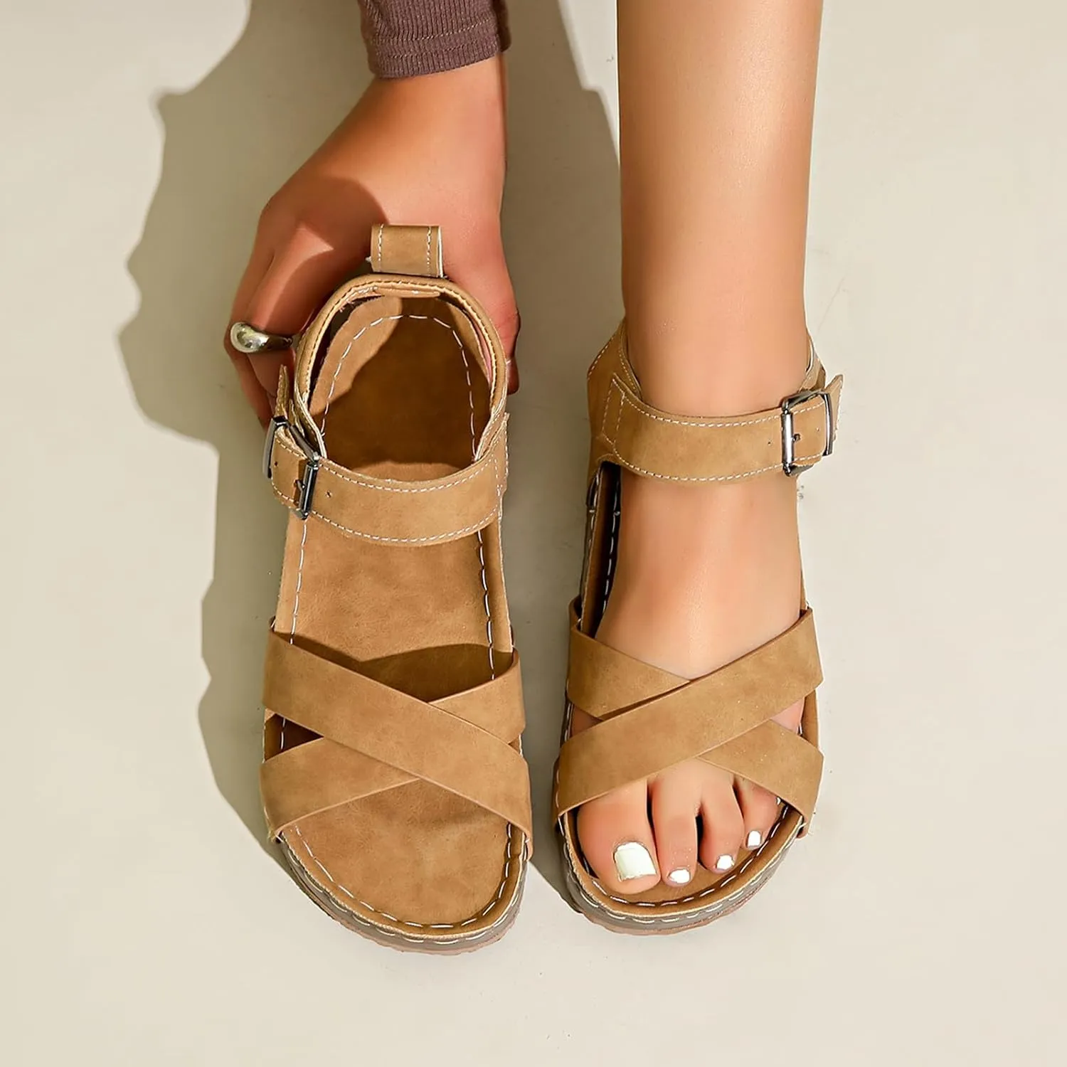 Women's Comfortable Arch Support Dressy Flat Sandals Elastic Open Toe Sandal Walking Shoes for Summer Hiking Workout Shoe