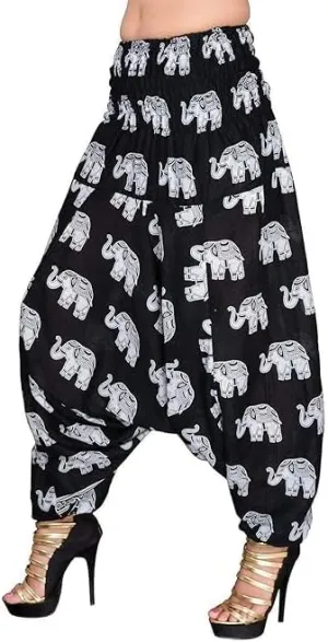 Women's Cotton Harem Pants with Elephant Print, Black and White, Free Size, Unisex