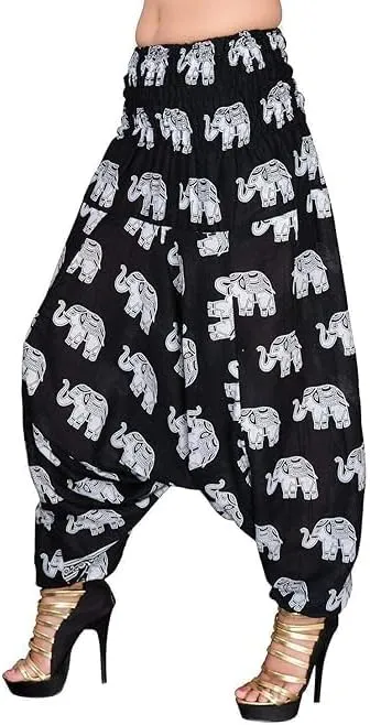 Women's Cotton Harem Pants with Elephant Print, Black and White, Free Size, Unisex