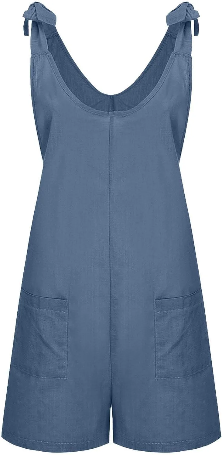 Women's Cotton Linen Rompers Shorts Adjustable Tie Knot Strap Beach Jumpsuit Vacation Cute Overalls with Pockets