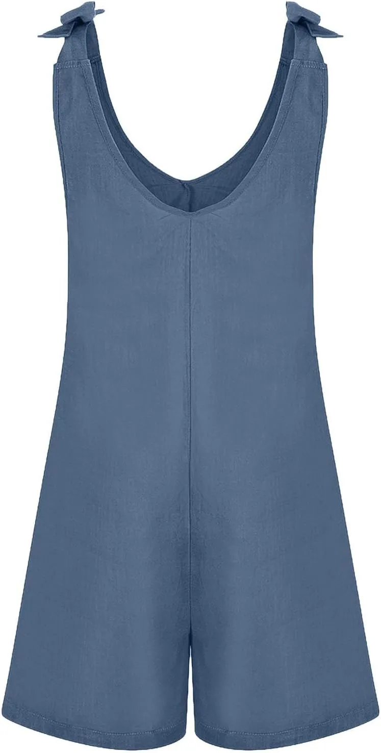 Women's Cotton Linen Rompers Shorts Adjustable Tie Knot Strap Beach Jumpsuit Vacation Cute Overalls with Pockets
