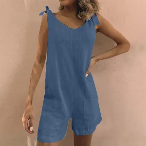 Women's Cotton Linen Rompers Shorts Adjustable Tie Knot Strap Beach Jumpsuit Vacation Cute Overalls with Pockets