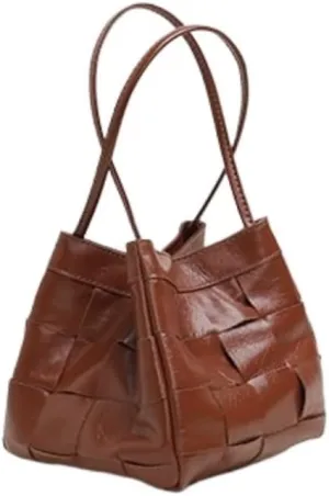Women's Cowhide Denim Canvas Bucket Woven Box Bag Shoulder Crossbody Bag Versatile Handbag Hobo Vintage Large Capacity