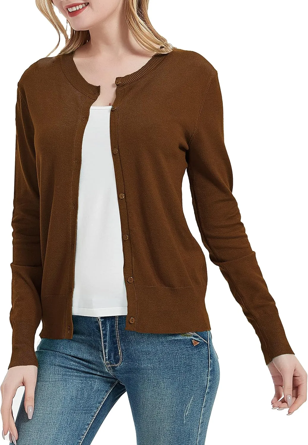 Women's Crew Neck Button Down Long Sleeve Cardigan Sweater