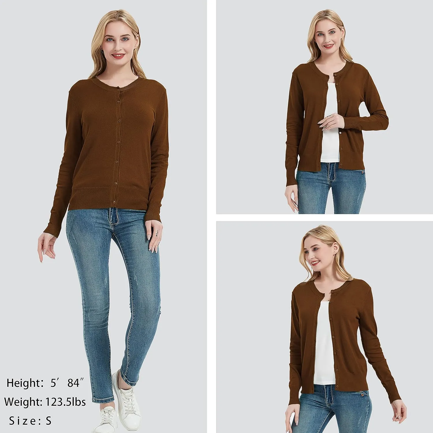 Women's Crew Neck Button Down Long Sleeve Cardigan Sweater