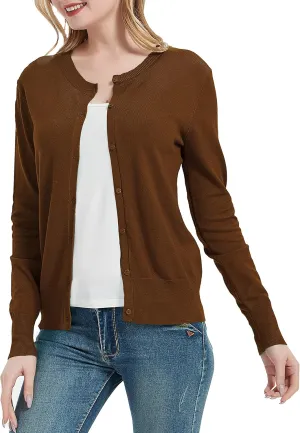 Women's Crew Neck Button Down Long Sleeve Cardigan Sweater