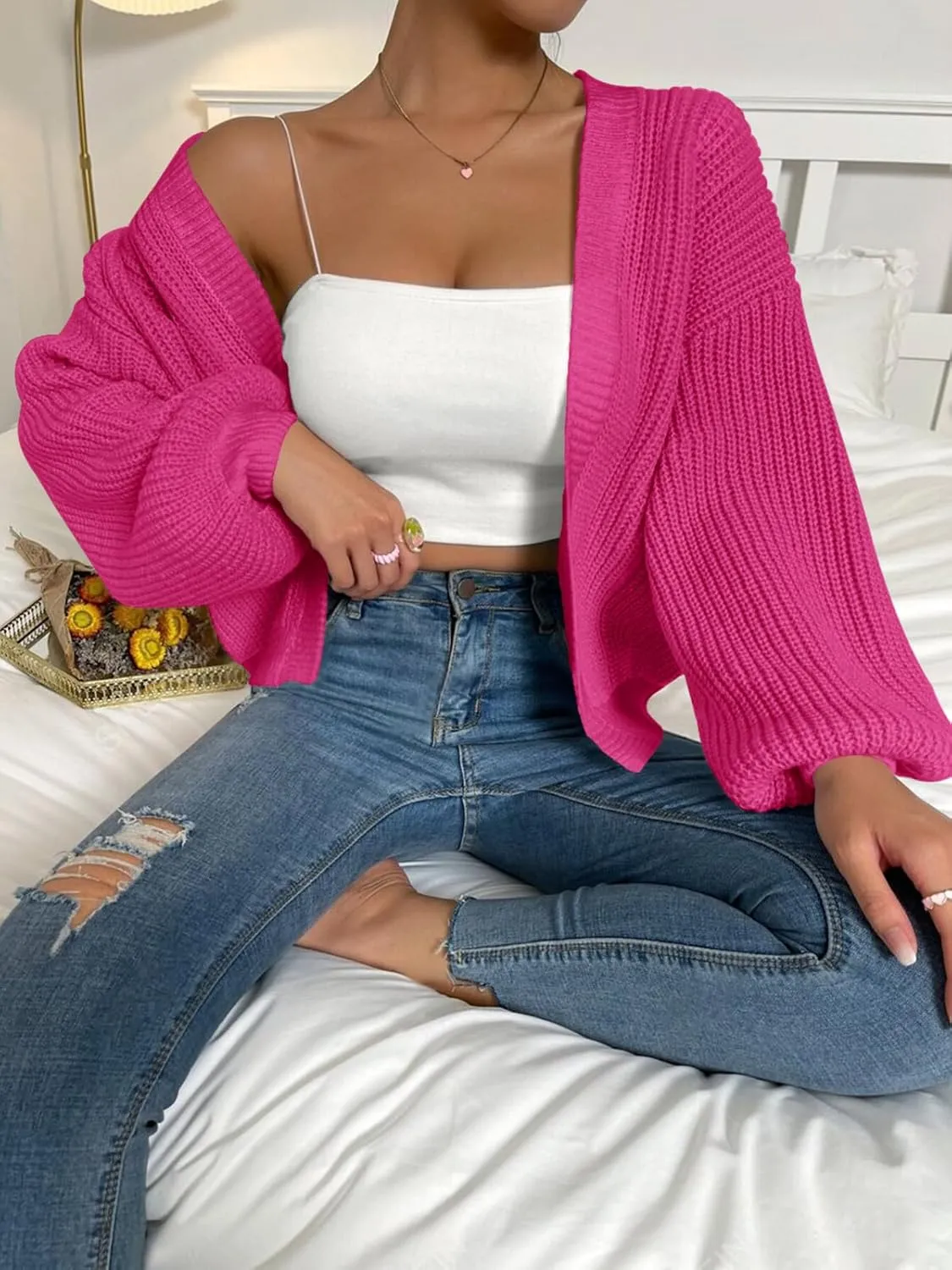 Women's Crop Cardigan Swewater Long Lantern Sleeve Bishop Open Front Ribbed Knit Sweater