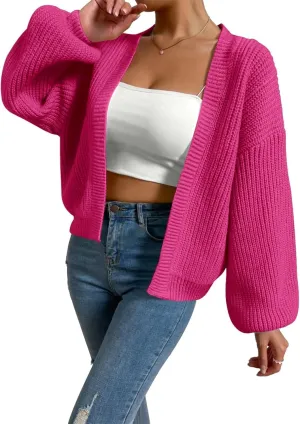 Women's Crop Cardigan Swewater Long Lantern Sleeve Bishop Open Front Ribbed Knit Sweater